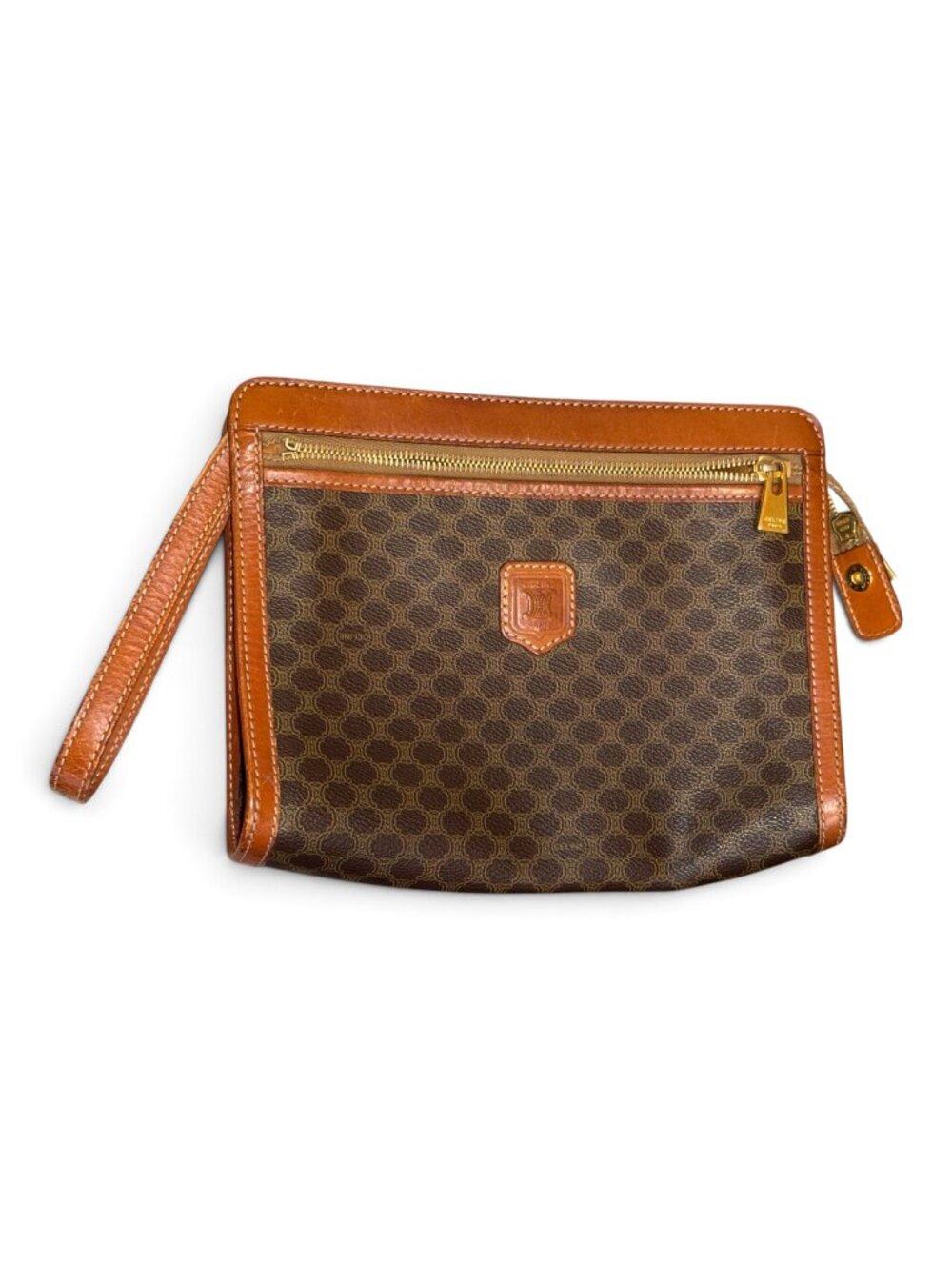 Celine Macadam Brown Monogram Leather Wristlet Clutch With Gold-Tone Hardware